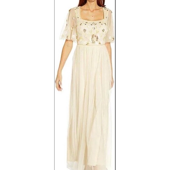 ADRIANNA PAPELL Sandshell Ivory Beaded Mesh Tulle Gown Dress Romantic Fairy 10‎ - Picture 1 of 4